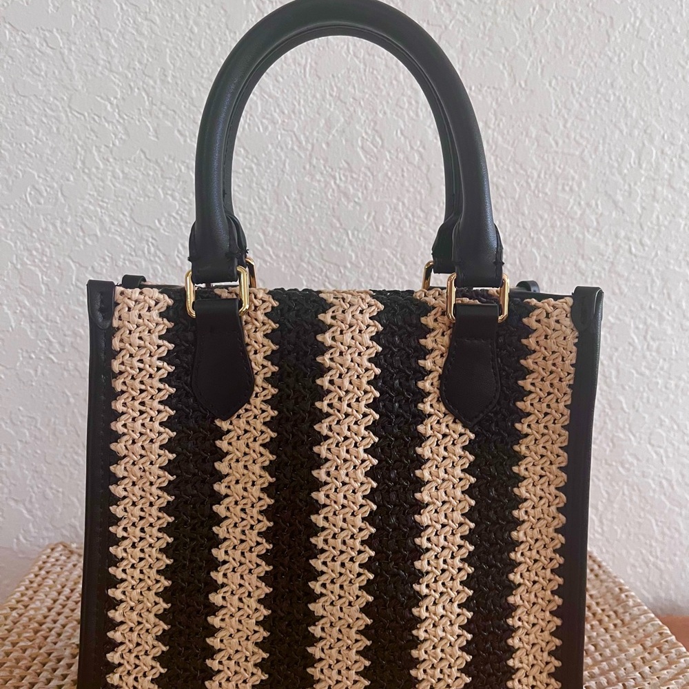 SAINT & SOFIA Mini Tote Bag Raffia Black/Tan Leather Artisan Handbag W/Strap - Picture 8 of 15